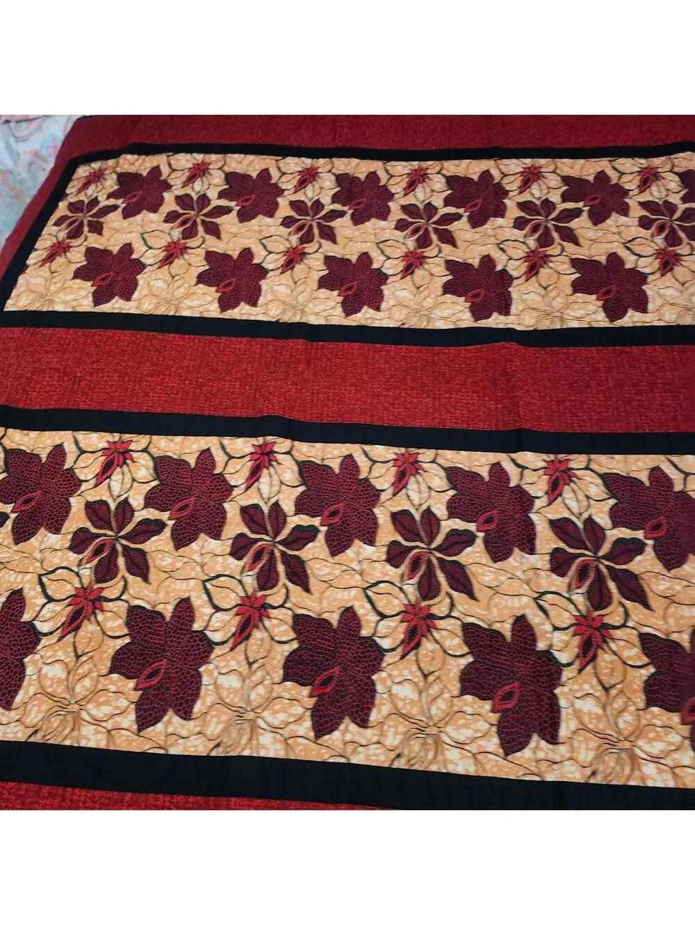 Beautiful Handmade Floral Quilt Maroon Floral Embroidery Black Yellow Leaves